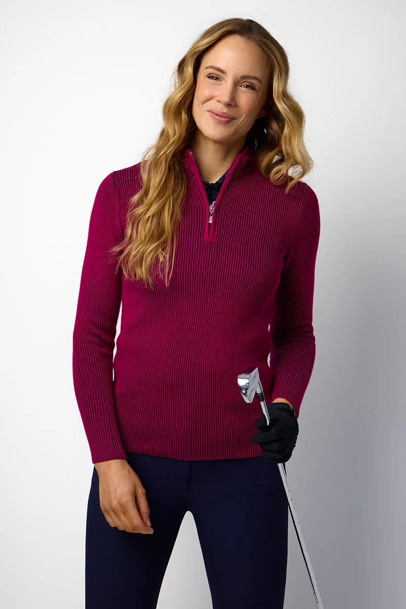 GLENMUIR Ladies Quarter Zip Two Tone Rib Cotton Lightweight Golf Sweater